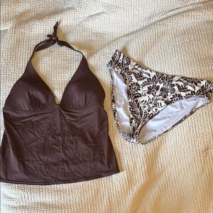 Brown Halter Tankini Top with Floral Bikini Bottom